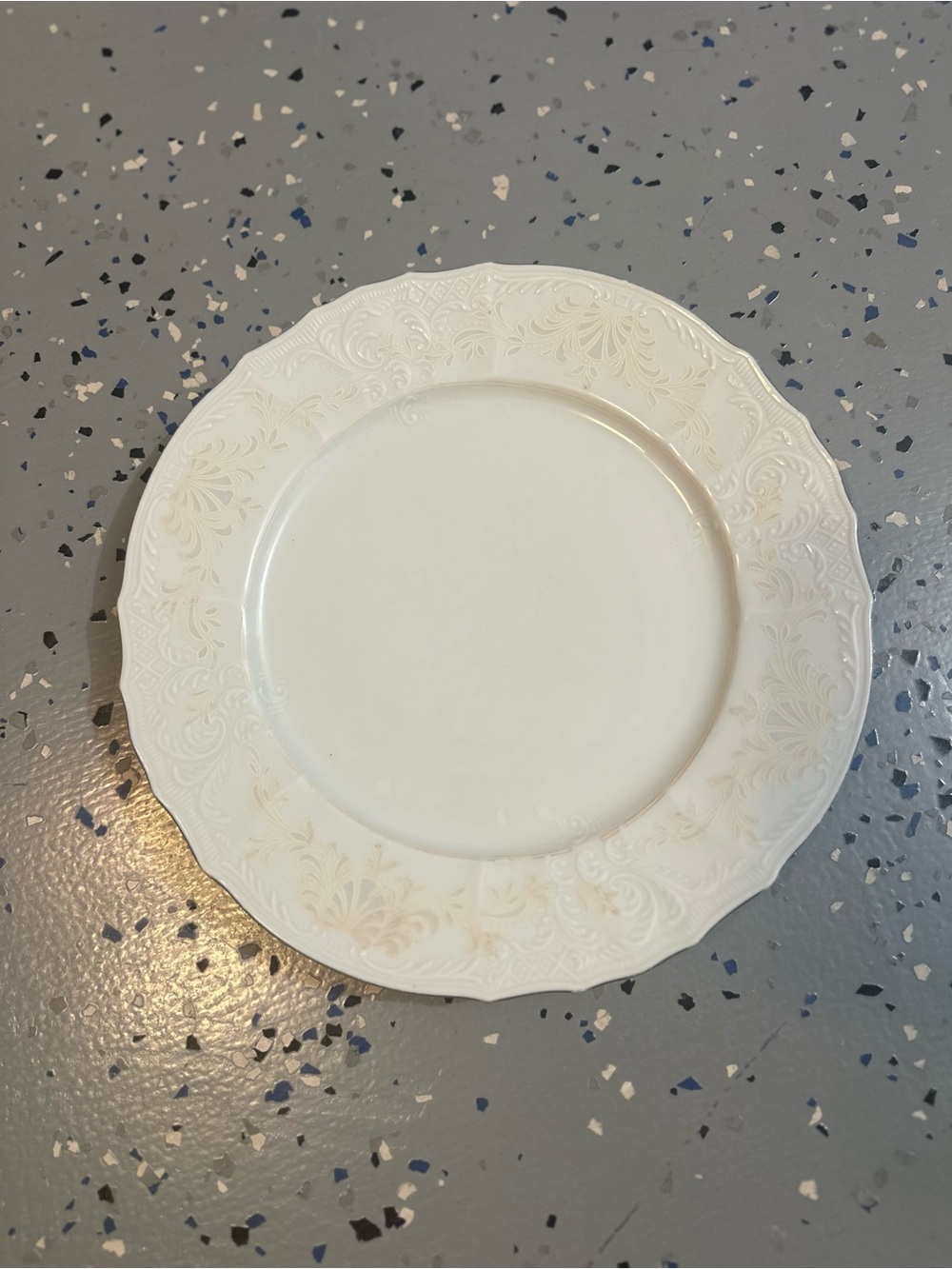 White Embossed Floral Dinner Plate by Baum Bros